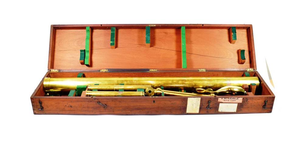 Lot 116 - A Troughton & Simms Brass 3'' Two-Drawer Telescope, with tripod base, in a mahogany case, case...