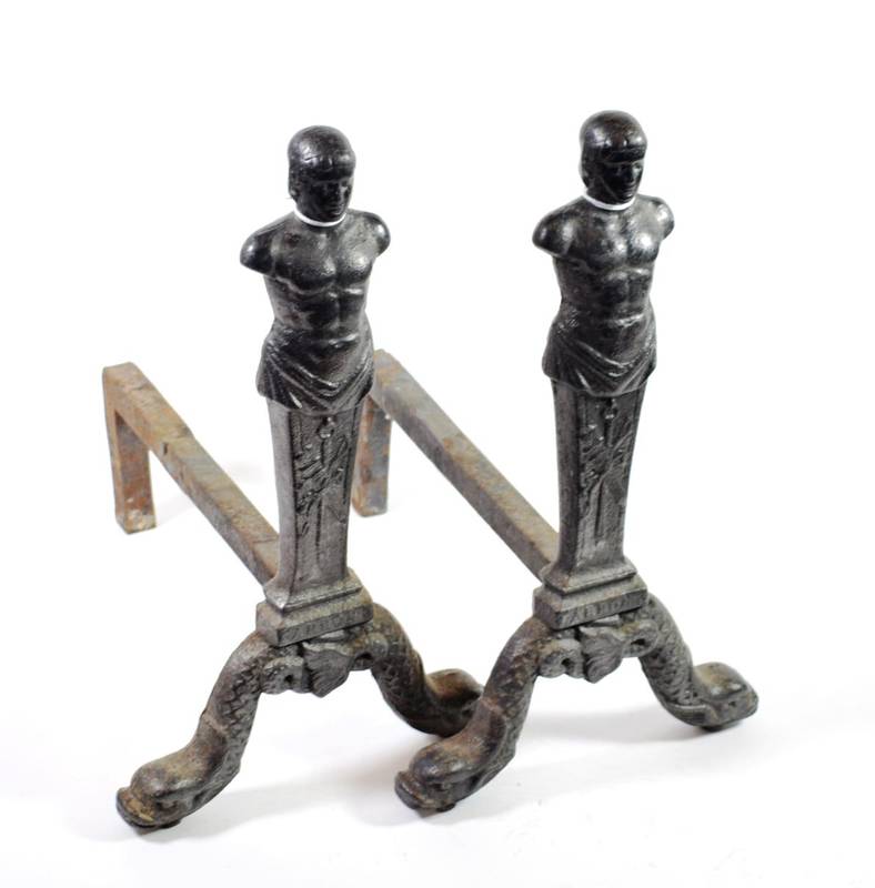 Lot 121 - A Pair of Carron Company Cast Iron Andirons, 19th century, model as Caesar and cast with the...