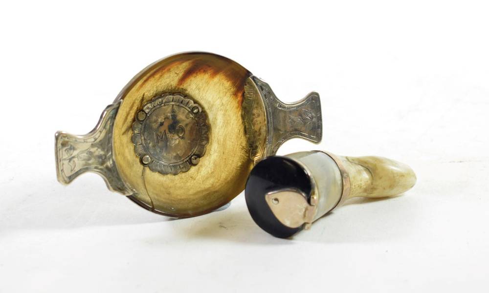 Lot 125 - ^ A Scottish White Metal Mounted Horn Quaich, 18th century, of traditional form centred by a...