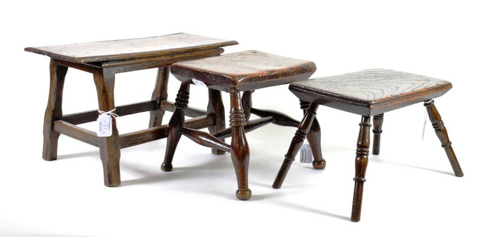 Lot 131 - ^ An Oak Small Stool, 18th century, on turned legs tied by a stretcher, 41.5cm wide; and Two...