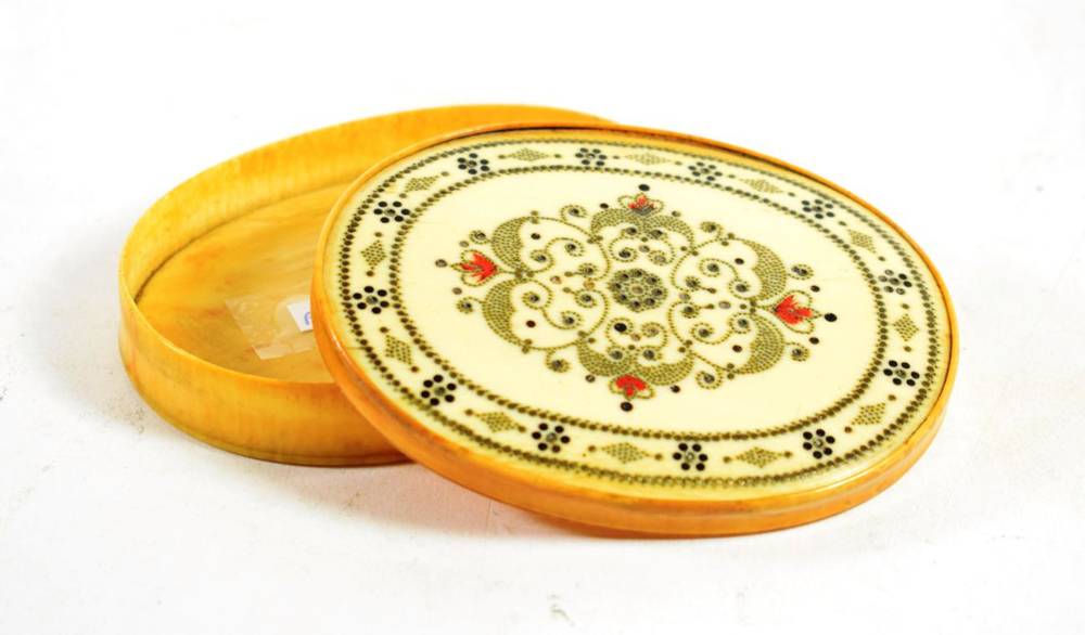 Lot 142 - A George III Ivory and Pique Work Snuff Box and Cover, of oval form decorated with a foliate...