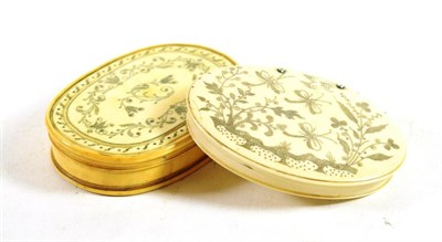 Lot 143 - A George III Ivory and Pique Work Snuff Box and Cover, of oval form decorated with bands of...