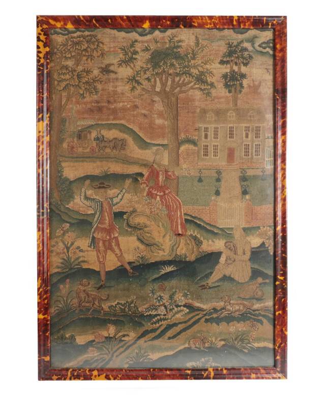 Lot 147 - A George III Tapestry Panel, worked in coloured wools with figures in landscape, a house and...