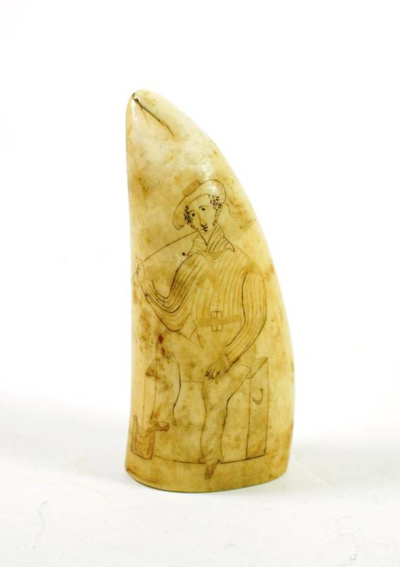 Lot 154 - A Scrimshaw Whale Tooth, 19th century, decorated with a sailor sitting on a chest smoking a...