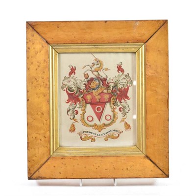 Lot 156 - English School (19th century): An Armorial Panel, with motto PRUDENTIA ET HONORE, watercolour...