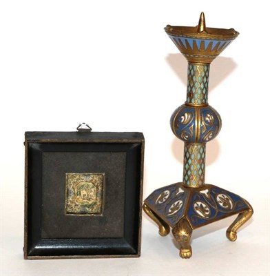 Lot 160 - A Limoges Enamel Pricket Candlestick, in 13th century style, with ball knopped stem and tricorn...