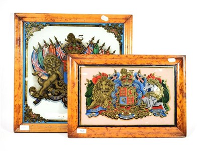 Lot 168 - A Reverse Decorated Glass Panel, circa 1900, decorated with the Royal Arms, 25cm by 39cm high,...