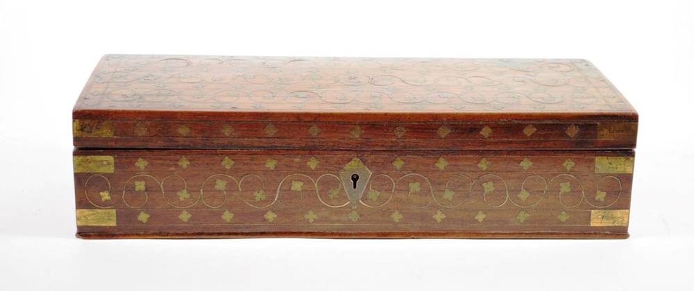 Lot 176 - An Indian Brass Inlaid Teak Box and Cover, 32.5cm wide