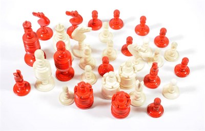 Lot 179 - A Stained and Natural Bone Chess Set, mid 19th century, of barley corn pattern, kings 10cm high