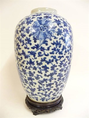 Lot 262 - A Chinese Porcelain Ovoid Vase, circa 1900, decorated in underglaze blue with scrolling lotus,...