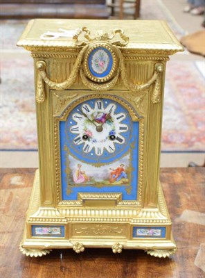 Lot 225 - ~ A Gilt Metal and Porcelain Mounted Striking Mantel Clock, circa 1890, flat top pediment with...