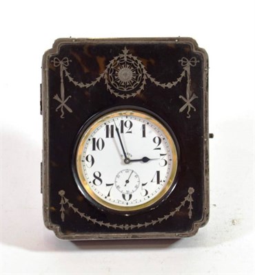 Lot 229 - A Silver and Tortoiseshell Travelling Cased Timepiece, 1913, outer case with swag silver inlaid...