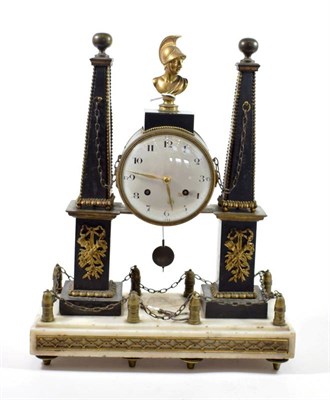Lot 237 - A French Empire Black Slate and Marble Striking Mantel Clock, obelisk portico case with a...