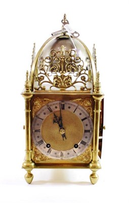 Lot 239 - A Brass Lantern Form Quarter Striking Mantel Clock, early 20th century, scroll pierced frets,...