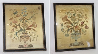 Lot 264 - Pair of Silk Embroideries, 18th century Each with an urn issuing flowers, on a plain...