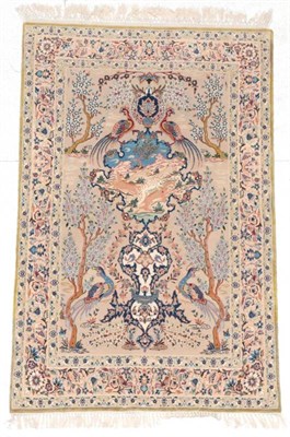 Lot 265 - {} Isfahan Style Part Silk Prayer Rug, late 20th century The mushroom field of trees birds and...