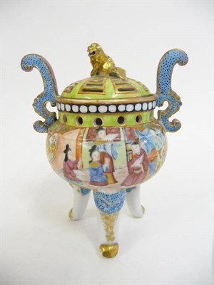 Lot 270 - A Cantonese Porcelain Koro and Cover, mid 19th century, of globular form with scroll handles on...