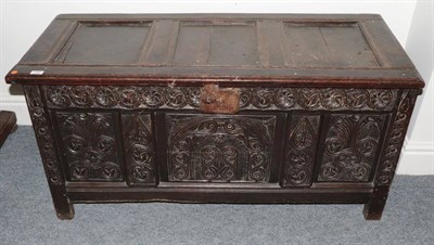 Lot 342 - A Late 17th Century Joined Oak Chest, the hinged lid with three moulded panels above a...