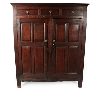 Lot 347 - A Joined Oak Cupboard, part 18th century, the moulded top with three frieze drawers above...