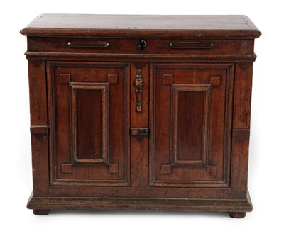 Lot 370 - An 18th Century Joined Oak Cupboard, the hinged lid above a frieze with applied decoration...