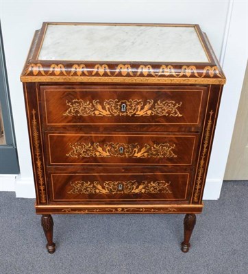 Lot 379 - A Regency Style Mahogany, Marquetry Inlaid and Marble Top Three Drawer Chest, the grey and...