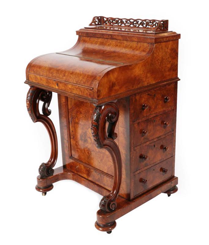 Lot 437 - A Victorian Burr Walnut Piano Top Davenport, circa 1860, the sprung mechanism with a...