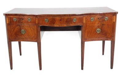 Lot 444 - A George III Mahogany and Satinwood Banded Serpentine Shaped Sideboard, late 18th century, with...