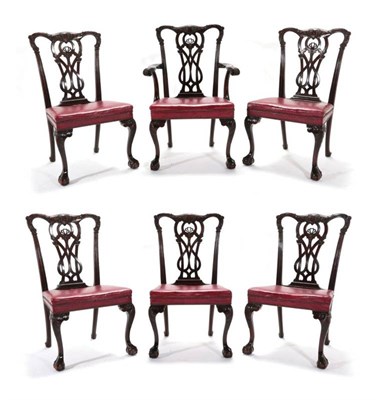 Lot 476 - A Set of Six Chippendale Revival Carved Mahogany Dining Chairs, circa 1900, including one...