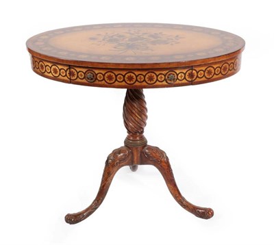 Lot 483 - A Continental Walnut and Marquetry Decorated Oval Tripod Table, 20th century, the oval panel...