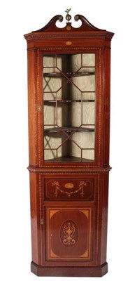 Lot 496 - An Edwardian Mahogany and Marquetry Decorated Sheraton Revival Free-Standing Corner Cupboard, early