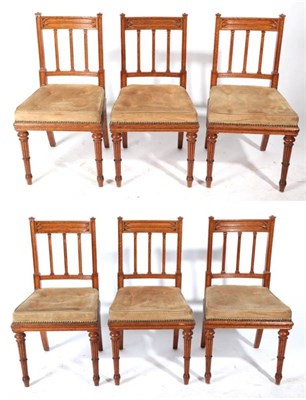 Lot 508 - {} A Set of Six Gillows of Lancaster Oak Dining Chairs, late 19th century, with curved top...