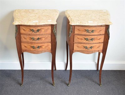 Lot 516 - A Pair of Louis XV Style Kingwood and Marquetry Inlaid Three Drawer Petit Commodes, 20th...