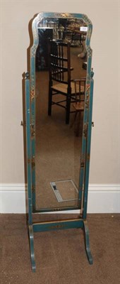 Lot 528 - ~ A 1920s Chinoiserie Style Blue and Gilt Painted Cheval Mirror, the shaped rectangular plate...