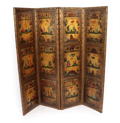 Lot 536 - ^ A Victorian Four-Leaf Leather and Polychrome Painted Dressing Screen, late 19th/early 20th...