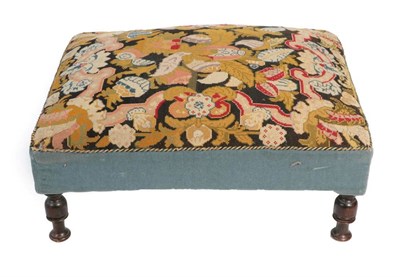 Lot 554 - ^ An Early 20th Century Footstool, recovered in blue velvet with floral needlework top, on...