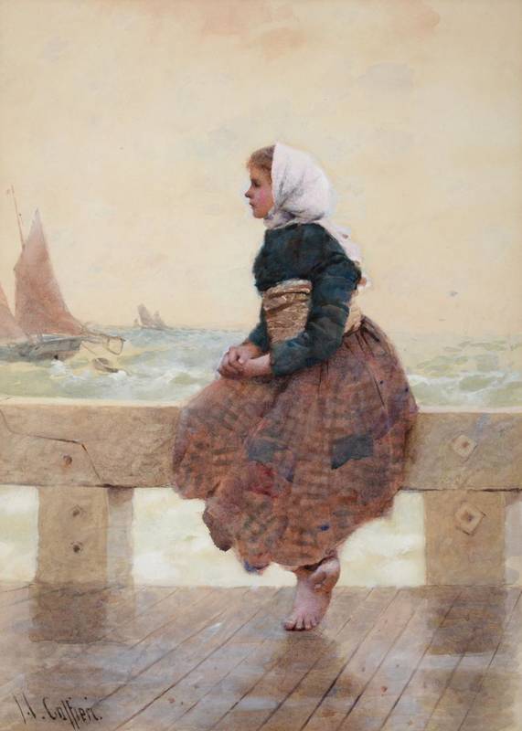 Lot 1015 - {} Hector Caffieri  (1847-1932) ''Waiting'' Signed, watercolour, 33.5cm by 24cm   See illustration