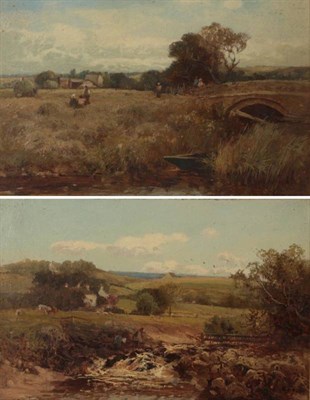 Lot 1035 - William Manners (1860-1930) Threshing by a stream Signed and dated 1896, oil on board, together...
