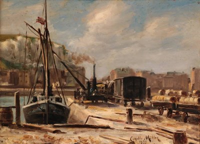 Lot 1055 - {} Ciquille Müller (19th century)  Harbour scene with timber wagons  Signed and dated 1877, oil on