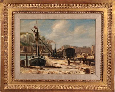 Lot 1055 - {} Ciquille Müller (19th century)  Harbour scene with timber wagons  Signed and dated 1877, oil on