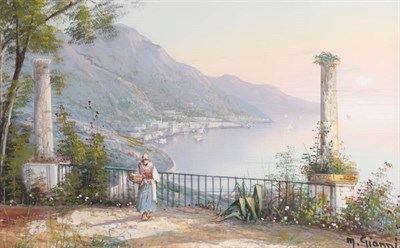 Lot 1057 - M Gianni (19th/20th century)  ''On the Terrace Above the Bay''  Signed, gouache, 30cm by 48cm