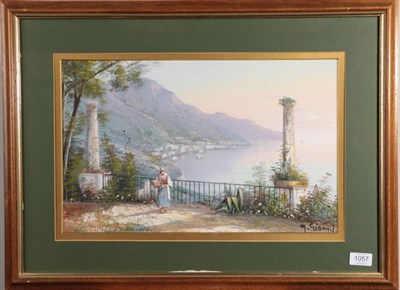 Lot 1057 - M Gianni (19th/20th century)  ''On the Terrace Above the Bay''  Signed, gouache, 30cm by 48cm