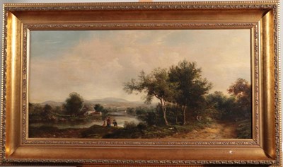 Lot 1065 - ~ English School (19th century)  Fishing on a country river Oil on canvas, 29cm by 60cm