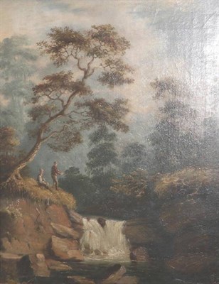 Lot 1067 - English School (19th century) Anglers by a waterfall Oil on canvas, 49cm by 41cm