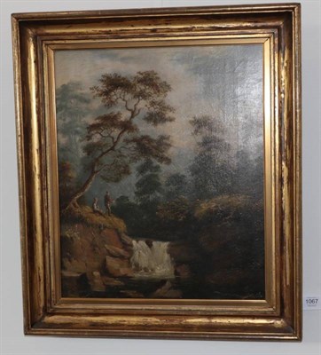 Lot 1067 - English School (19th century) Anglers by a waterfall Oil on canvas, 49cm by 41cm