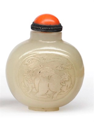 Lot 306 - A Chinese Jade Snuff Bottle, Qing Dynasty, circa 1750-1850, of compressed spherical form, the front