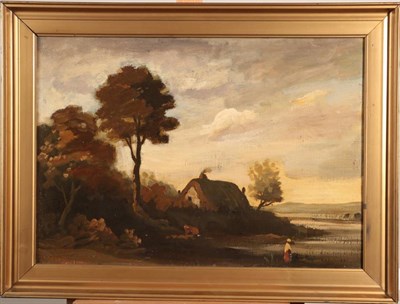 Lot 1073 - Philip Hugh Padwick (1876-1958) A figure before a waterside cottage  Signed, oil on board, 35cm...