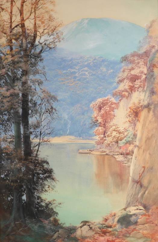 Lot 1078 - John Baragwanath King (1864-1939) A mountain lake on hazy Summer's day  Signed, watercolour,...