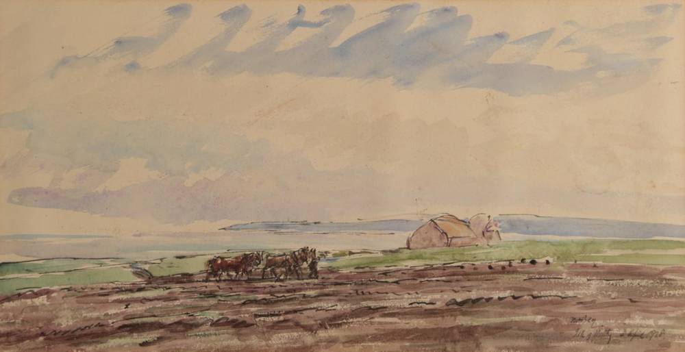 Lot 1085 - James McBey (1883-1959) ''Isle of Harry'' Signed, inscribed and dated 1928, watercolour, 19.5cm...
