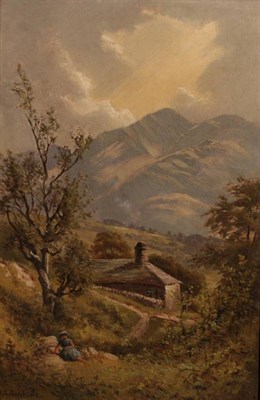 Lot 1091 - W.G. Shrubsole (fl.1881-1889) Figure before a cottage in a mountainous landscape Signed, oil on...