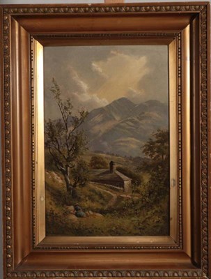 Lot 1091 - W.G. Shrubsole (fl.1881-1889) Figure before a cottage in a mountainous landscape Signed, oil on...